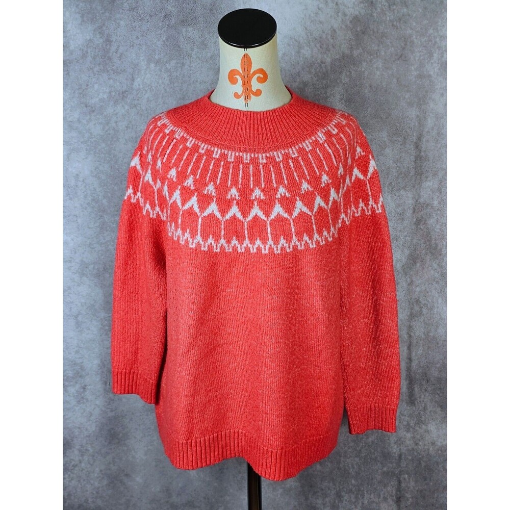 Talbots Womens Plus 2Xp Coral  Orange Fair Isle Mock Neck Raglan Sleeve Sweater